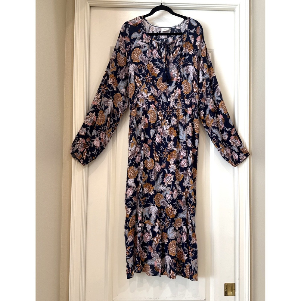 Knox Rose Womens Boho Floral Midi Dress XXL Smocked Waist Blue L/S Tassels Flowy